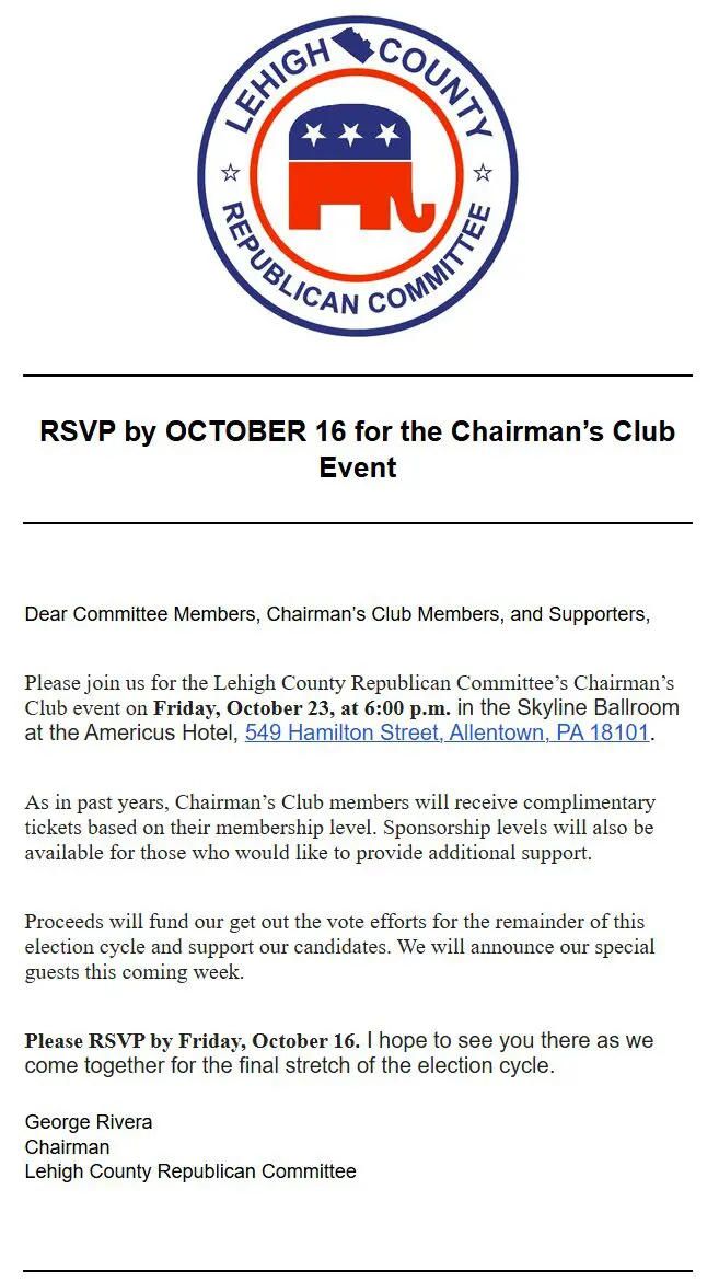 Lehigh County Republican Committee RSVP flyer